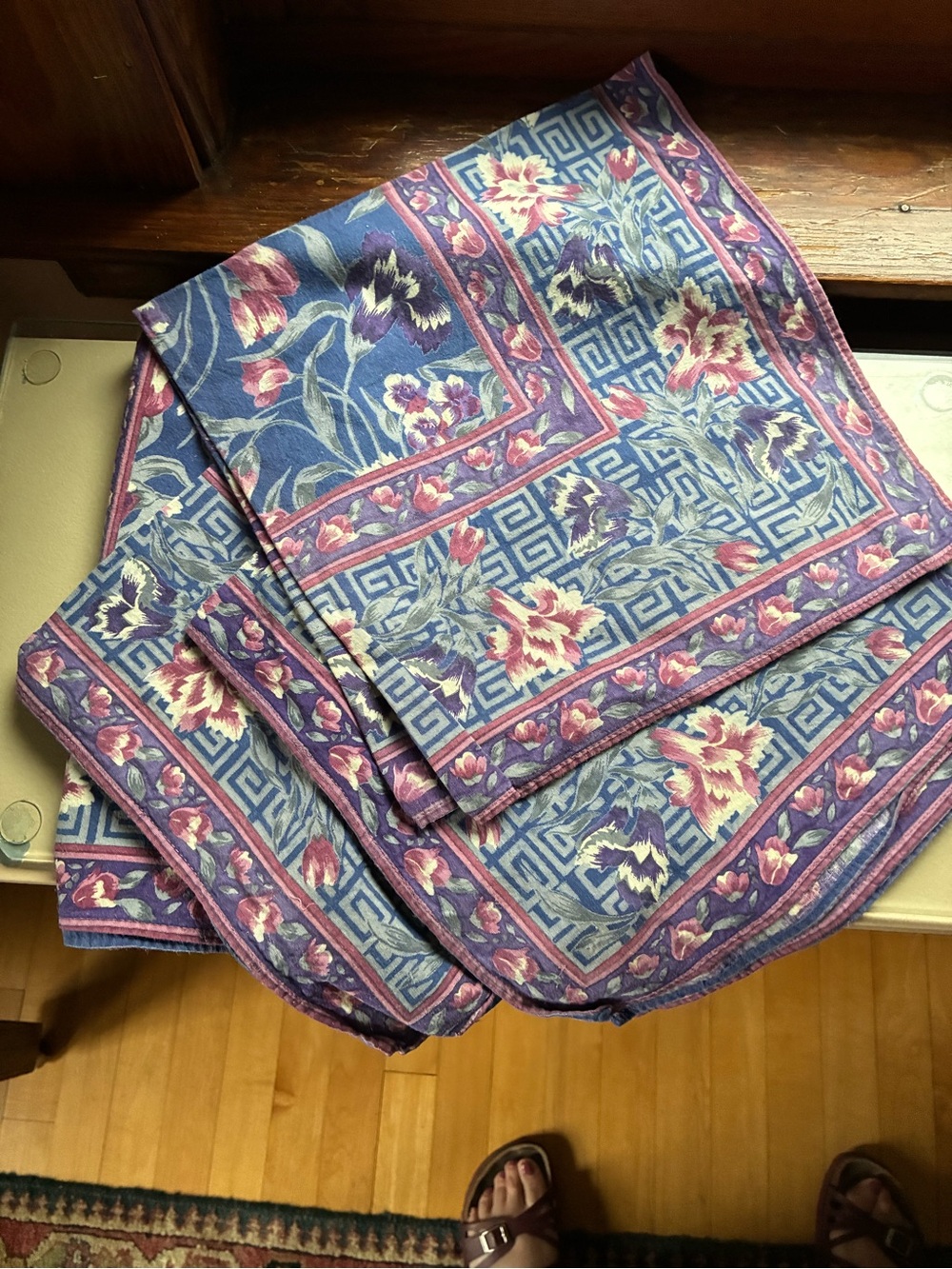 Six Large Blue Floral Cotton Napkins